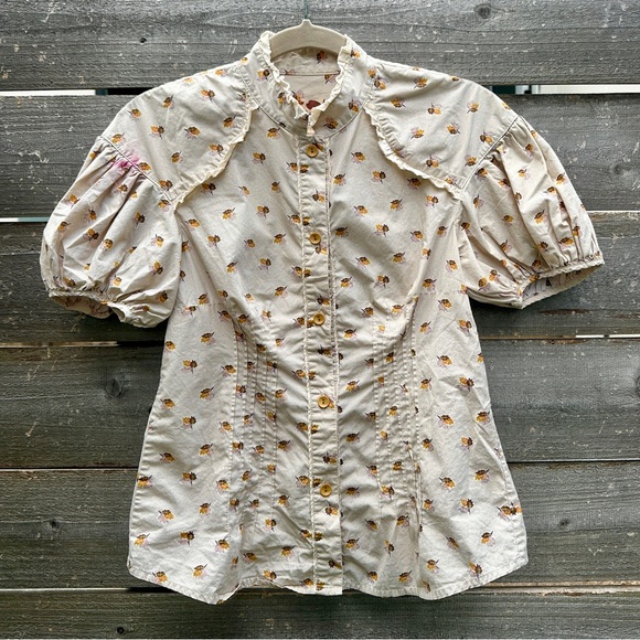 Free People Tiny Floral Bouquets Puff Sleeve Button Down Shirt - Picture 2 of 10